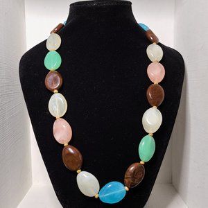 Chunky Beaded Necklace Earth Tones Statement Long Summer Opera Length Blue Green